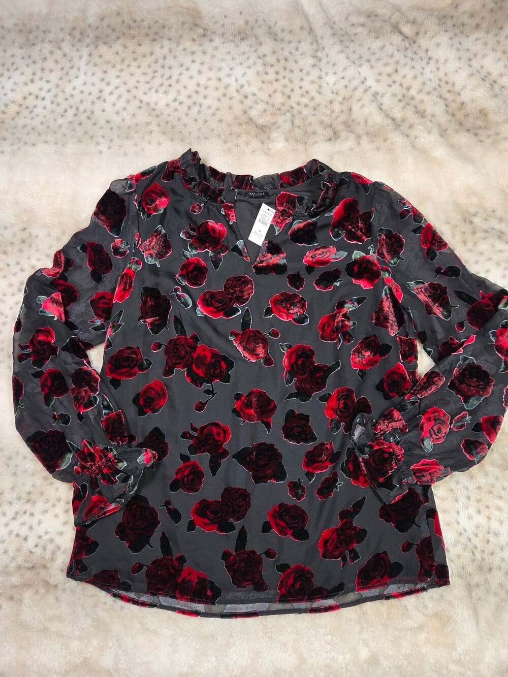 Talbots Red Rose Burnout Velvet Ruffle Neck Blouse Medium